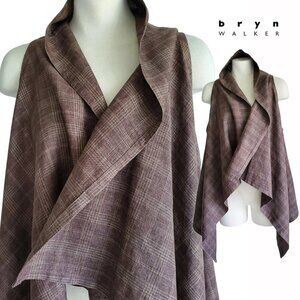 Bryn Walker Linen Brown Plaid Long Open Front Vest Lagenlook Layer Eclectic M